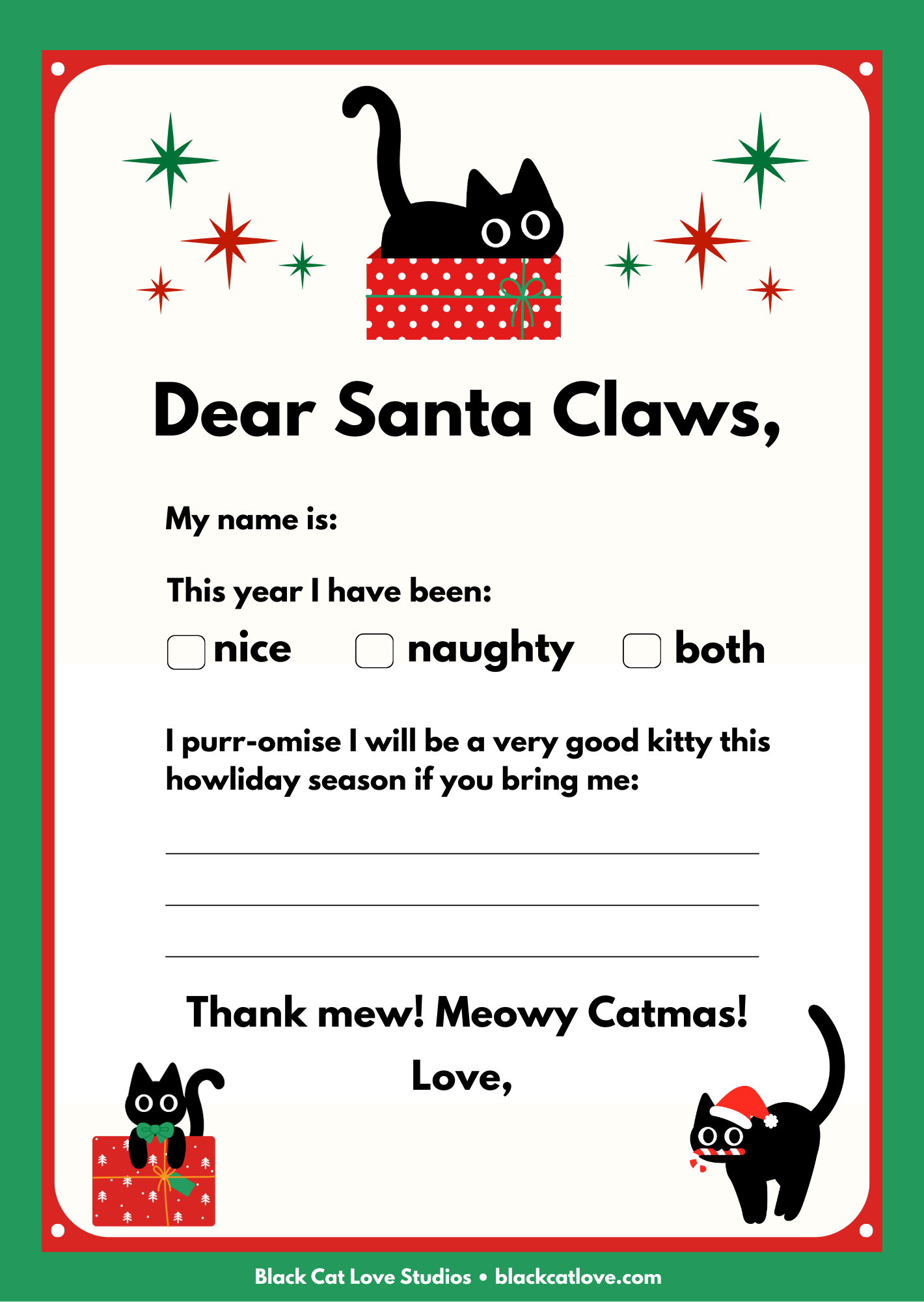 Free December printable: Letter to Santa Claws